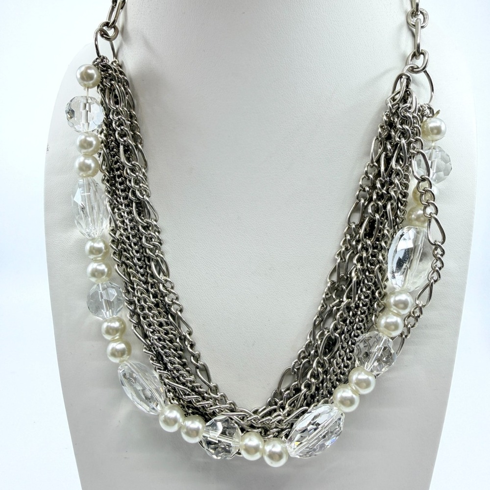 VTG Silver Tone Multi Strand Statement Necklace Faux Pearl Clear Acrylic Bead